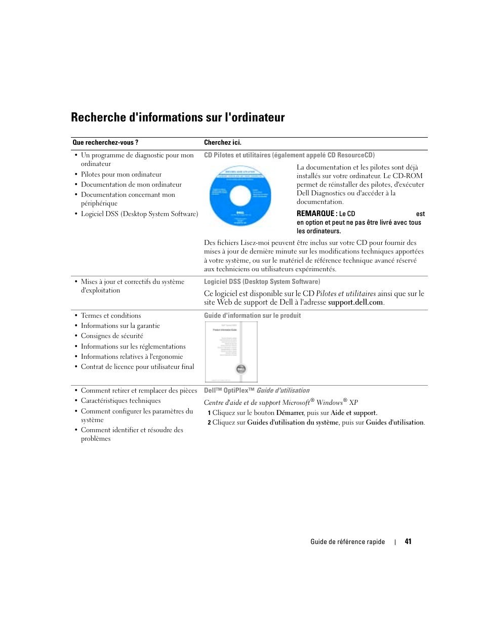 Recherche d'informations sur l'ordinateur | Dell OptiPlex GX280 User Manual | Page 41 / 220