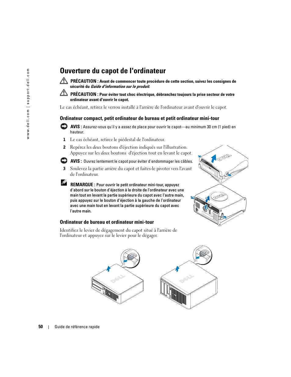 Ouverture du capot de l'ordinateur, Ordinateur de bureau et ordinateur mini-tour | Dell OptiPlex GX280 User Manual | Page 50 / 220