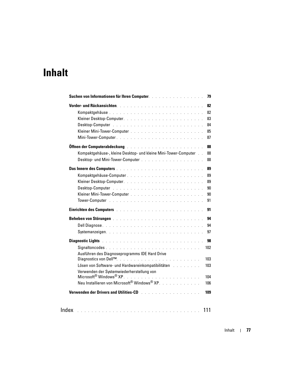 Inhalt, Index | Dell OptiPlex GX280 User Manual | Page 77 / 220