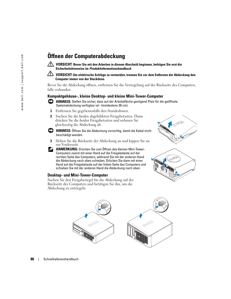 Öffnen der computerabdeckung, Desktop- und mini-tower-computer | Dell OptiPlex GX280 User Manual | Page 88 / 220