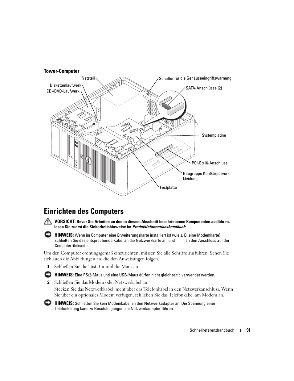 Tower-computer, Einrichten des computers | Dell OptiPlex GX280 User Manual | Page 91 / 220