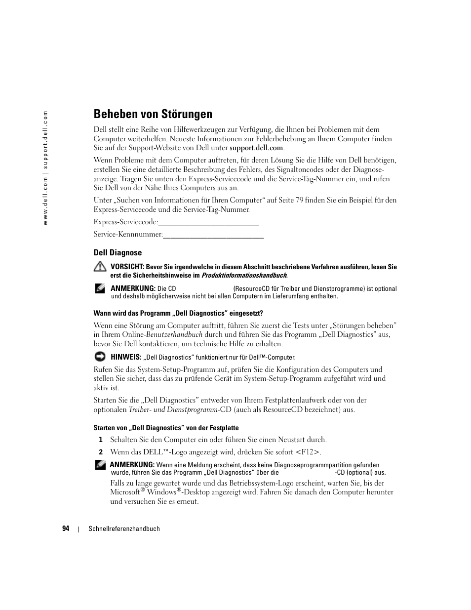 Beheben von störungen, Dell diagnose | Dell OptiPlex GX280 User Manual | Page 94 / 220