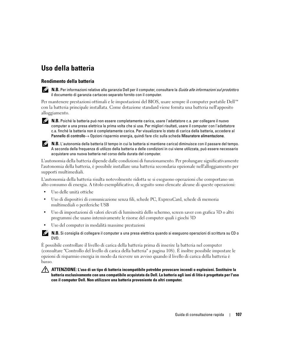 Uso della batteria, Rendimento della batteria | Dell Latitude D820 User Manual | Page 107 / 142