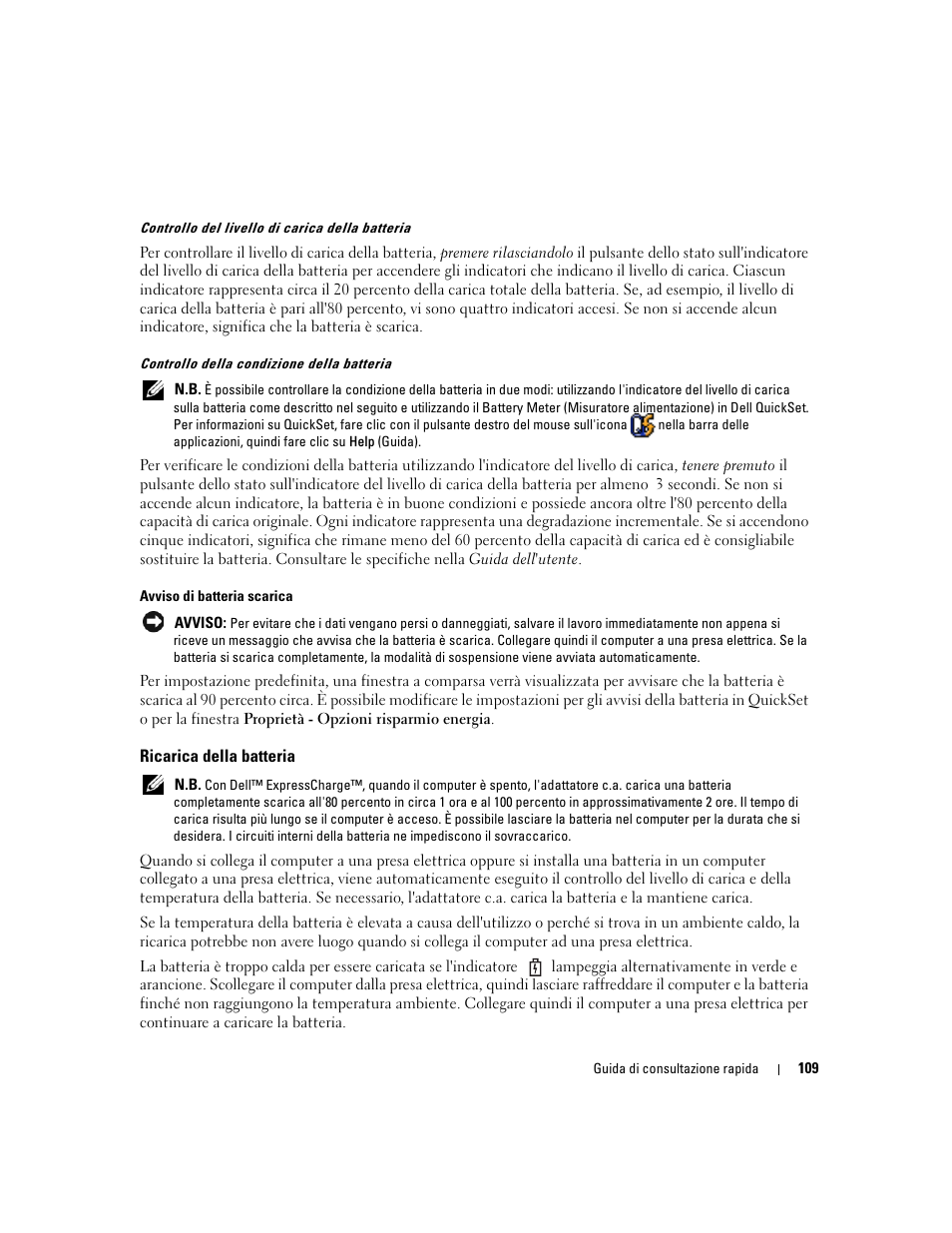 Ricarica della batteria | Dell Latitude D820 User Manual | Page 109 / 142