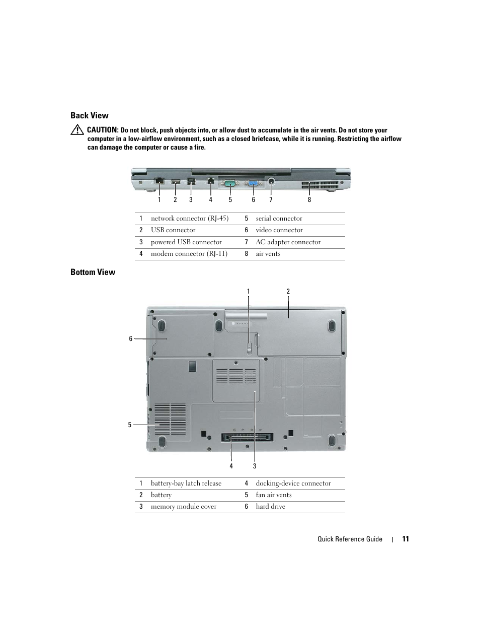 Back view, Bottom view | Dell Latitude D820 User Manual | Page 11 / 142