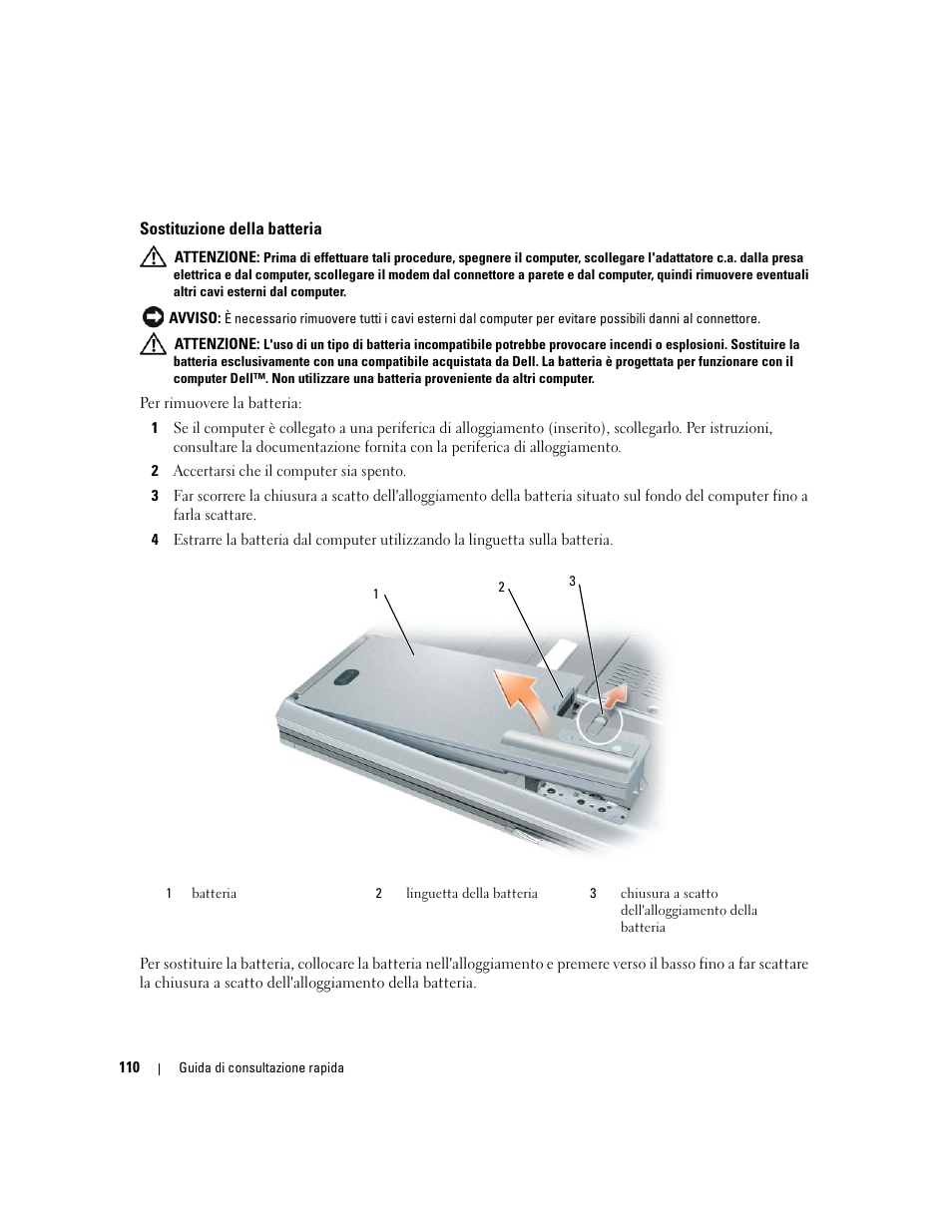 Sostituzione della batteria | Dell Latitude D820 User Manual | Page 110 / 142