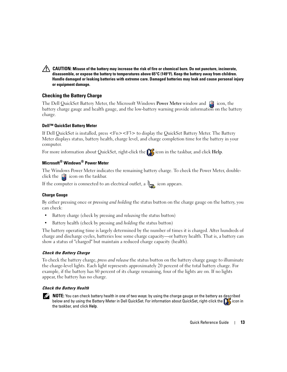 Checking the battery charge | Dell Latitude D820 User Manual | Page 13 / 142
