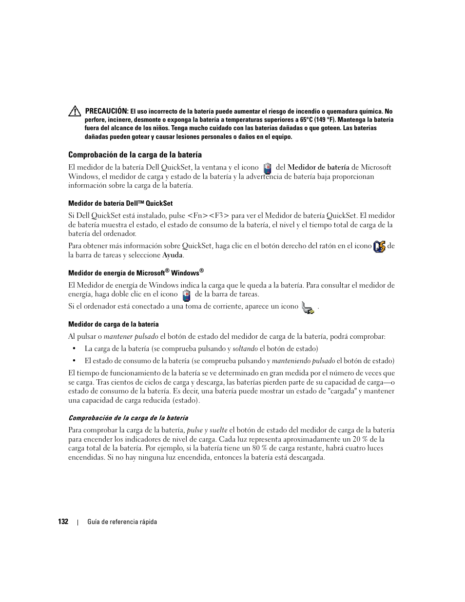 Comprobación de la carga de la batería | Dell Latitude D820 User Manual | Page 132 / 142