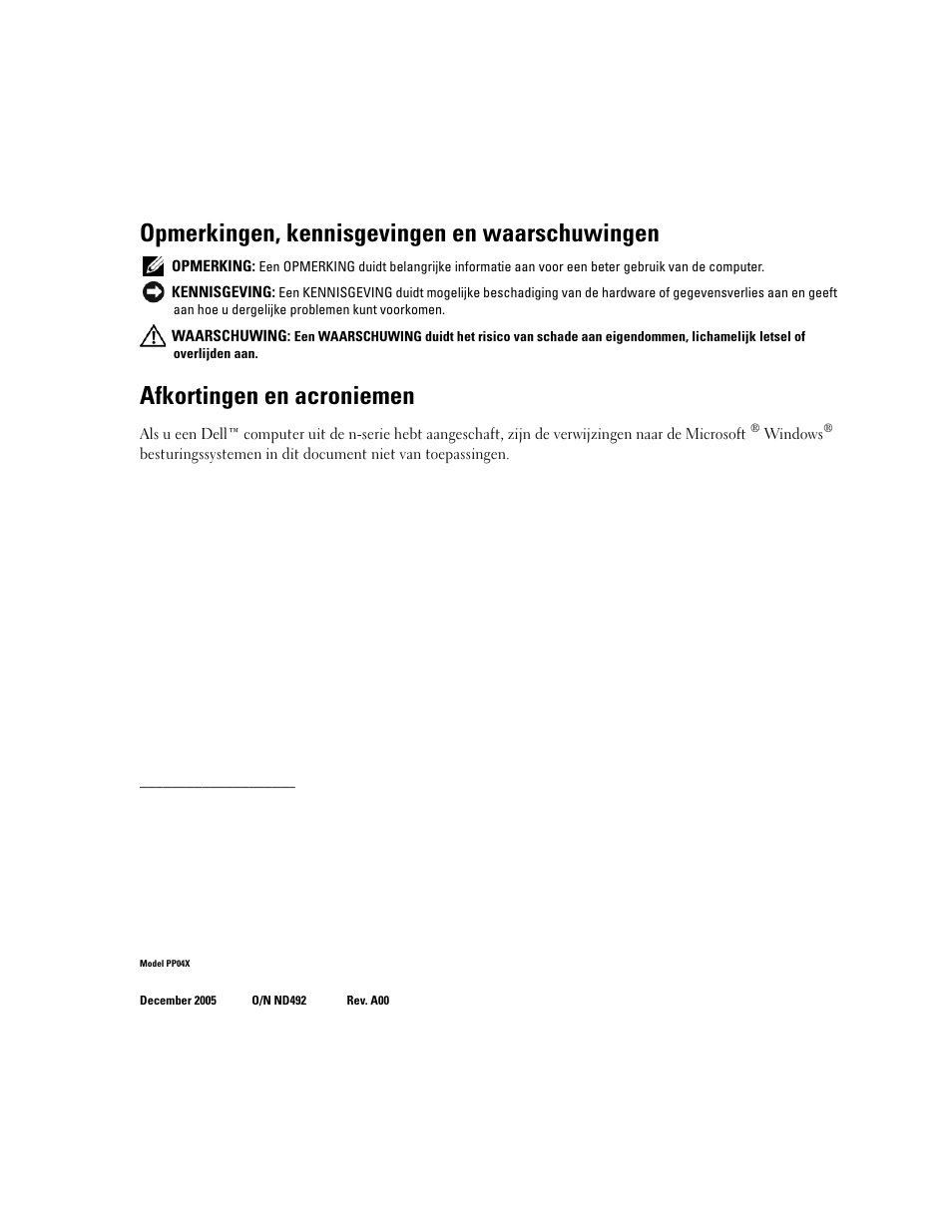 Opmerkingen, kennisgevingen en waarschuwingen, Afkortingen en acroniemen | Dell Latitude D820 User Manual | Page 24 / 142