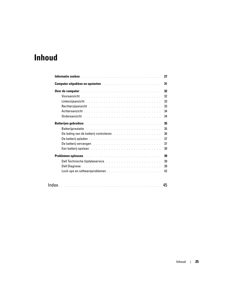 Inhoud, Index | Dell Latitude D820 User Manual | Page 25 / 142