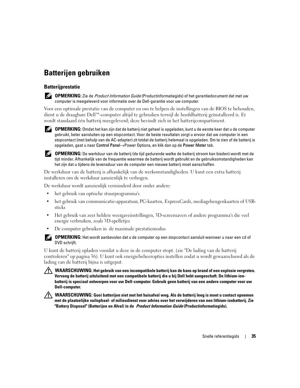 Batterijen gebruiken, Batterijprestatie | Dell Latitude D820 User Manual | Page 35 / 142