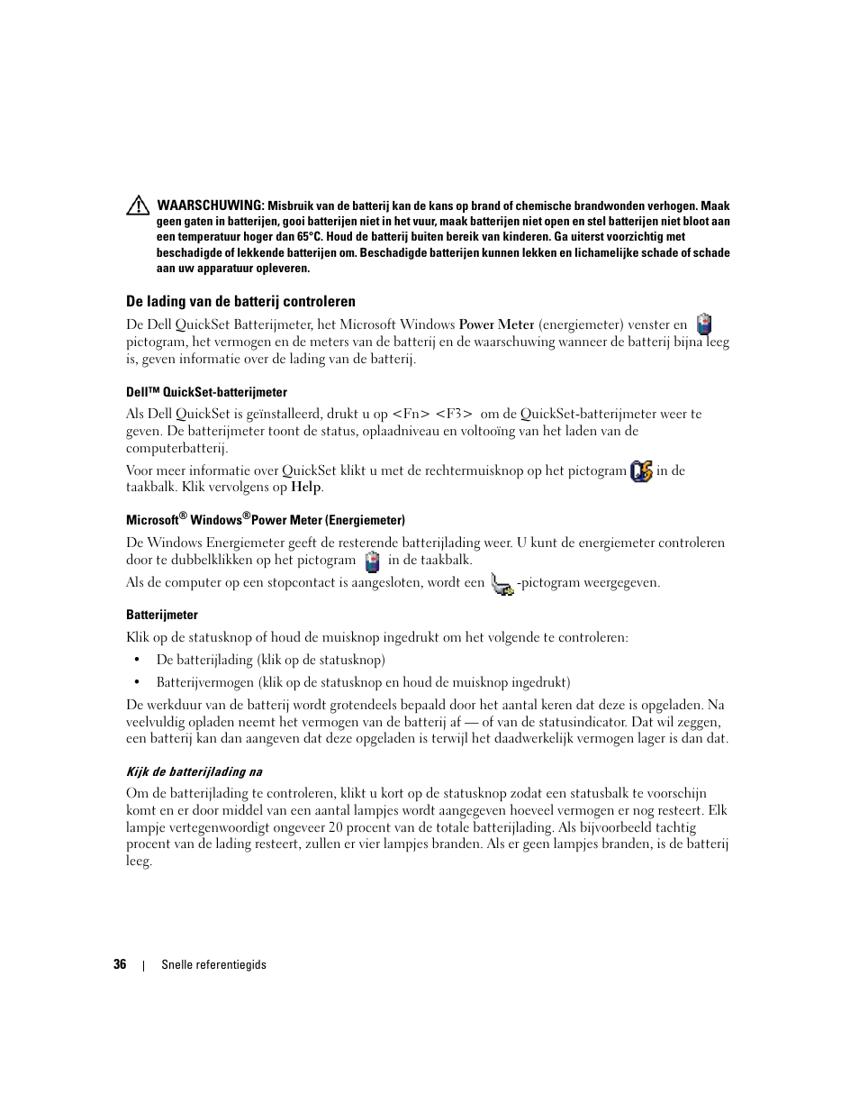 De lading van de batterij controleren | Dell Latitude D820 User Manual | Page 36 / 142