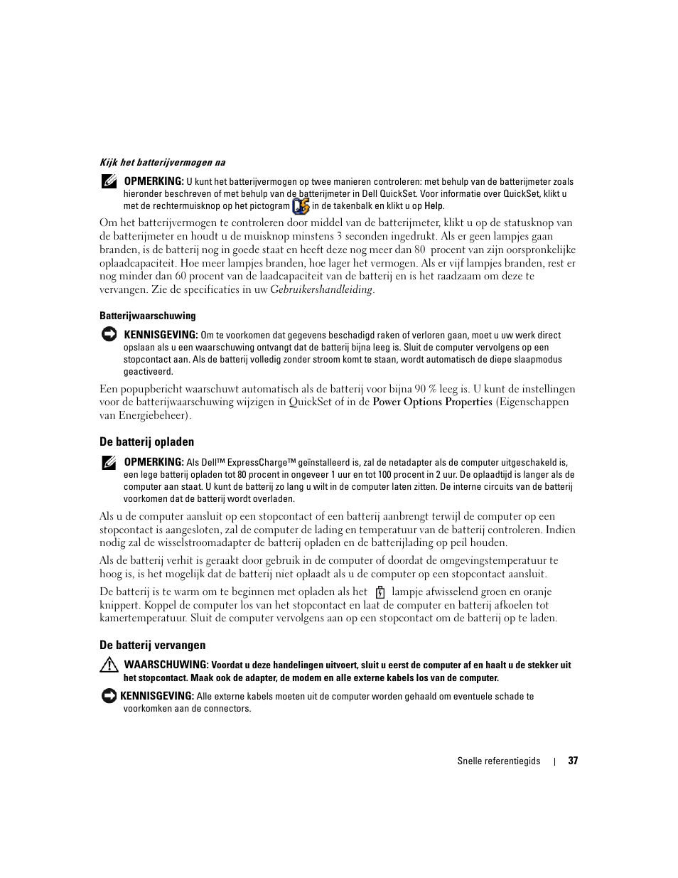 De batterij opladen, De batterij vervangen | Dell Latitude D820 User Manual | Page 37 / 142