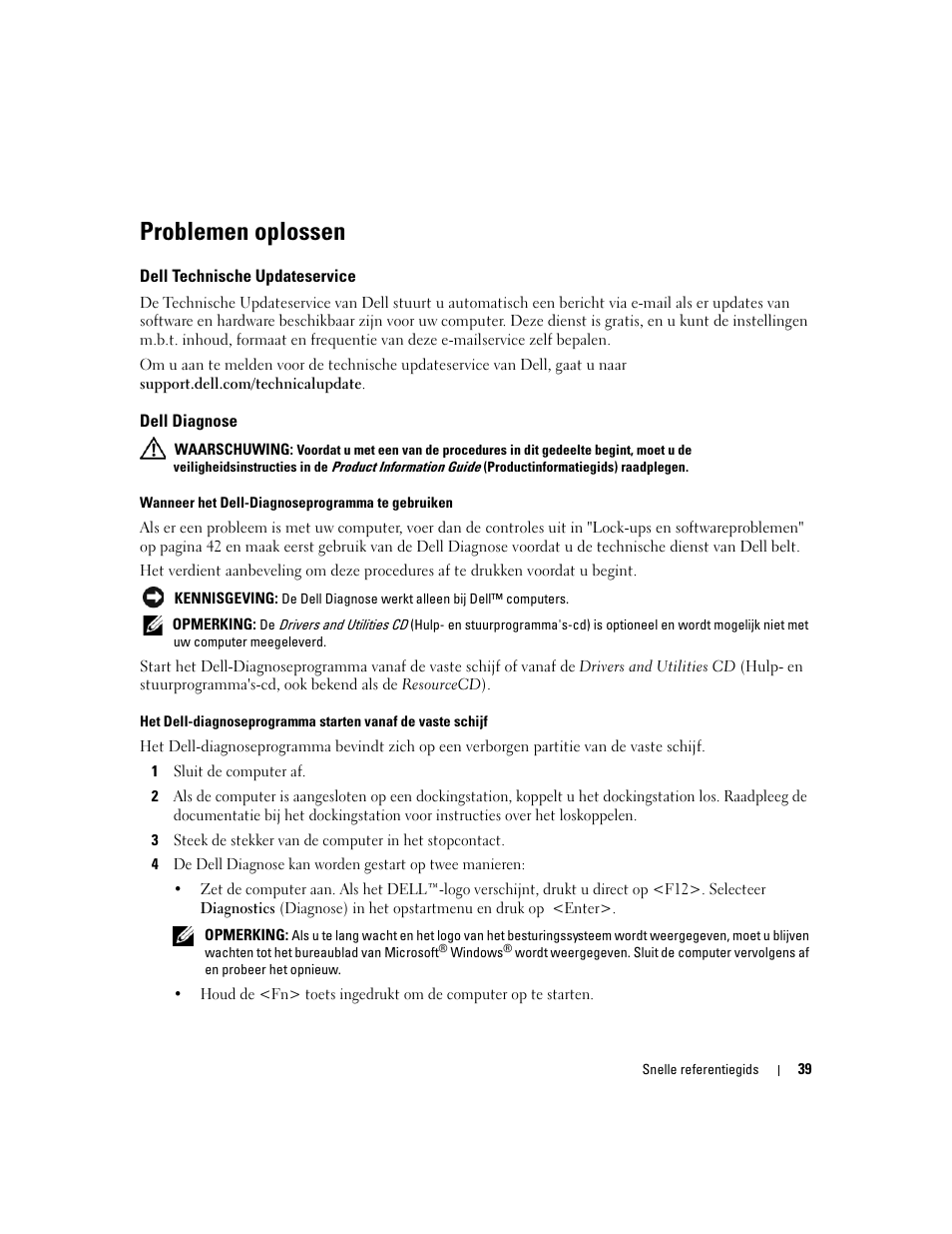 Problemen oplossen, Dell technische updateservice, Dell diagnose | Dell Latitude D820 User Manual | Page 39 / 142