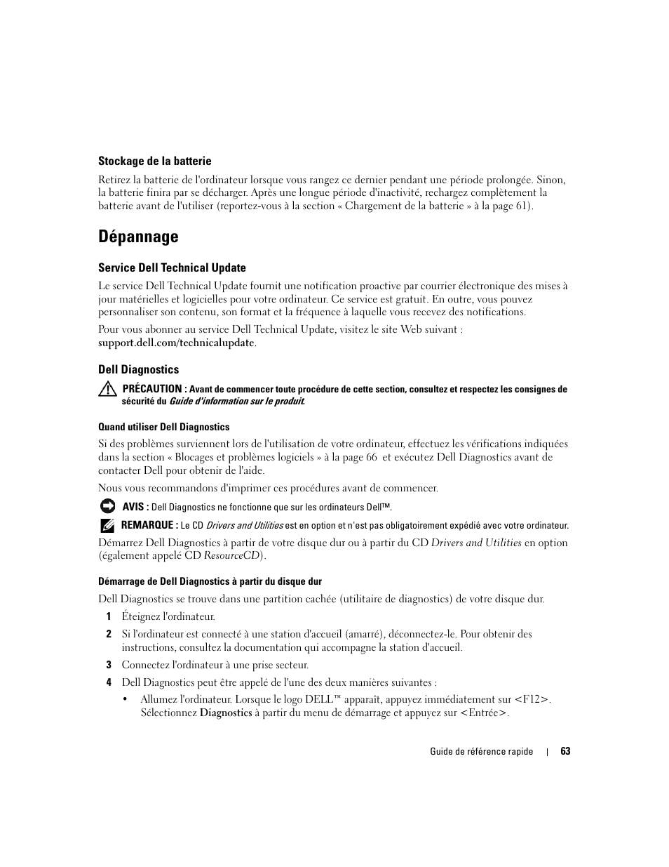 Stockage de la batterie, Dépannage, Service dell technical update | Dell diagnostics | Dell Latitude D820 User Manual | Page 63 / 142