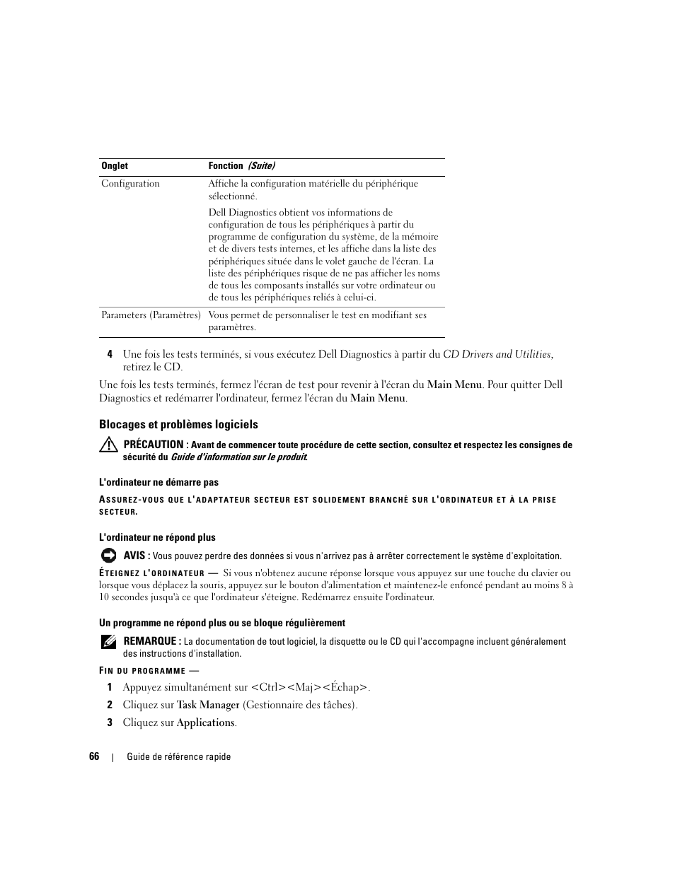 Blocages et problèmes logiciels | Dell Latitude D820 User Manual | Page 66 / 142