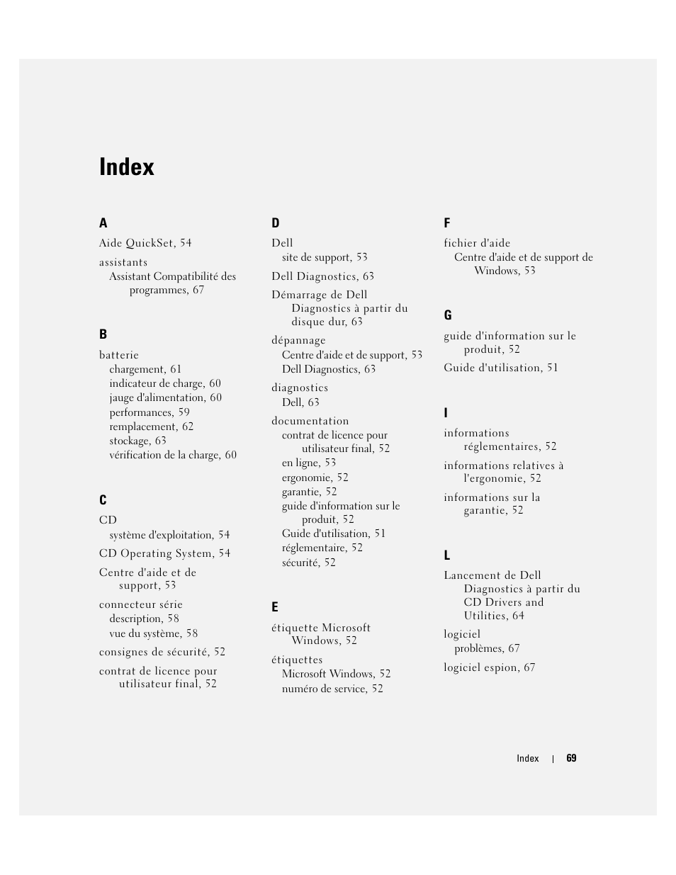 Index | Dell Latitude D820 User Manual | Page 69 / 142