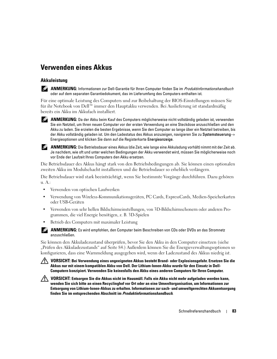 Verwenden eines akkus, Akkuleistung | Dell Latitude D820 User Manual | Page 83 / 142