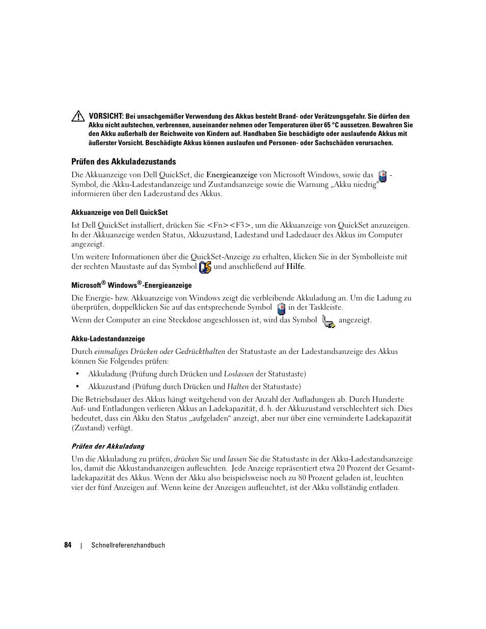 Prüfen des akkuladezustands | Dell Latitude D820 User Manual | Page 84 / 142
