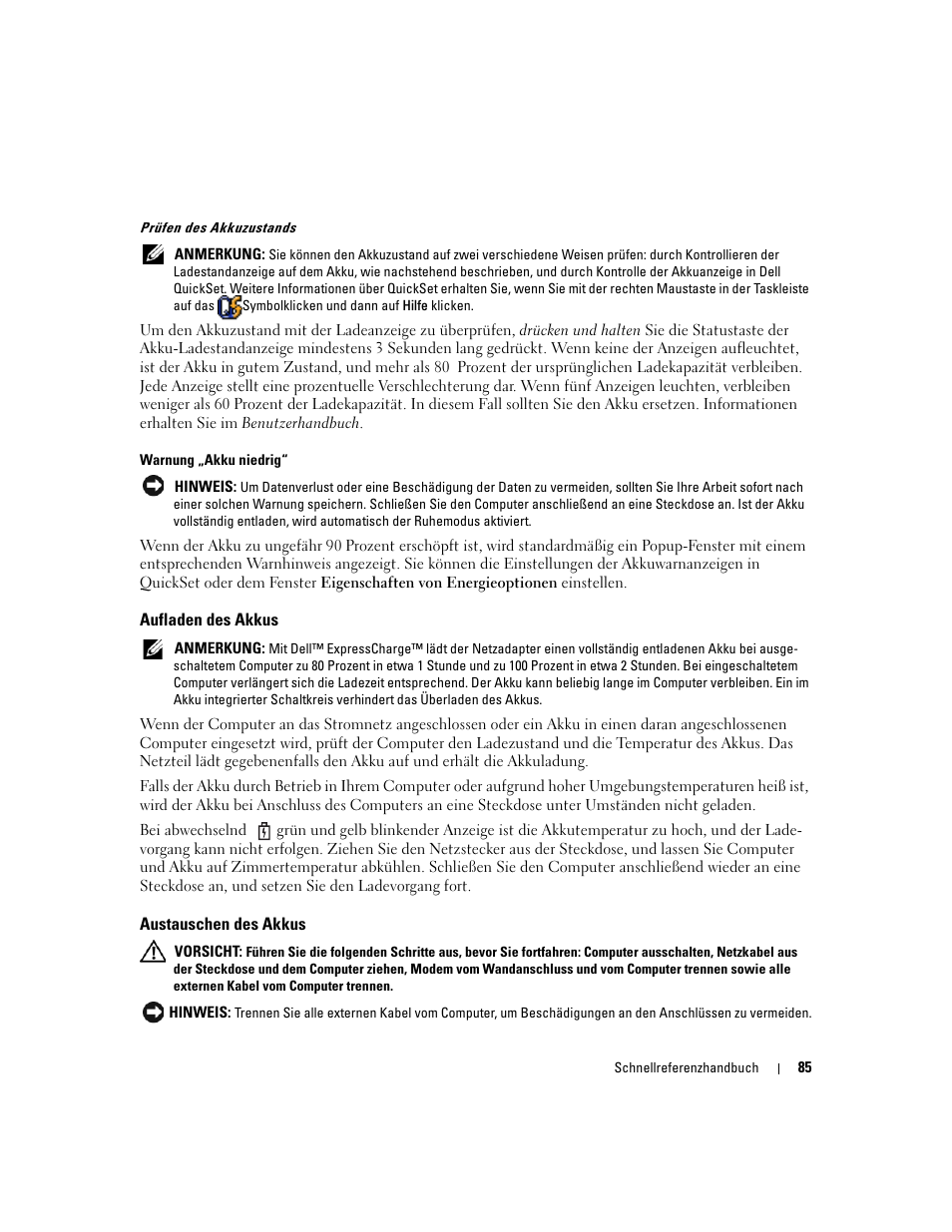 Aufladen des akkus, Austauschen des akkus | Dell Latitude D820 User Manual | Page 85 / 142