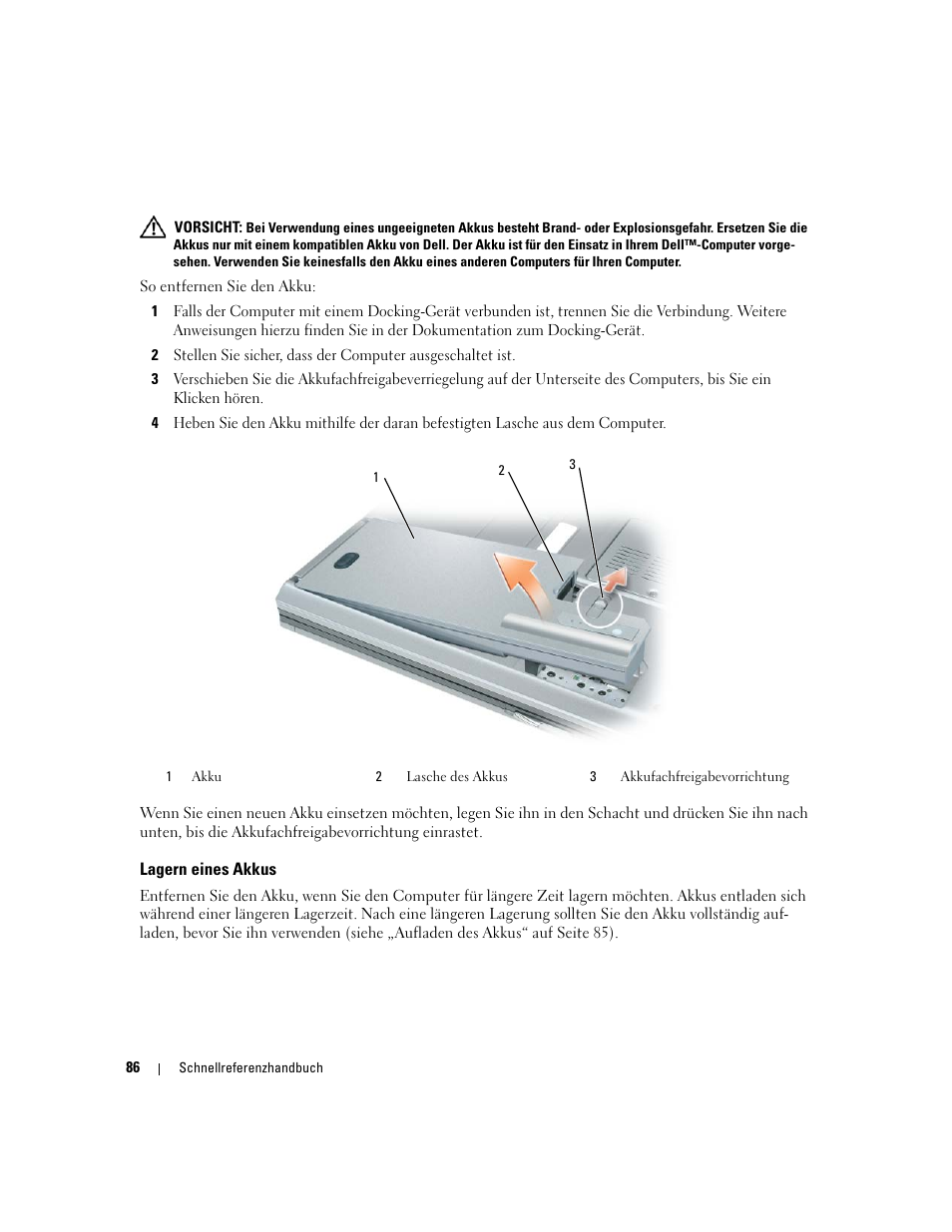 Lagern eines akkus | Dell Latitude D820 User Manual | Page 86 / 142