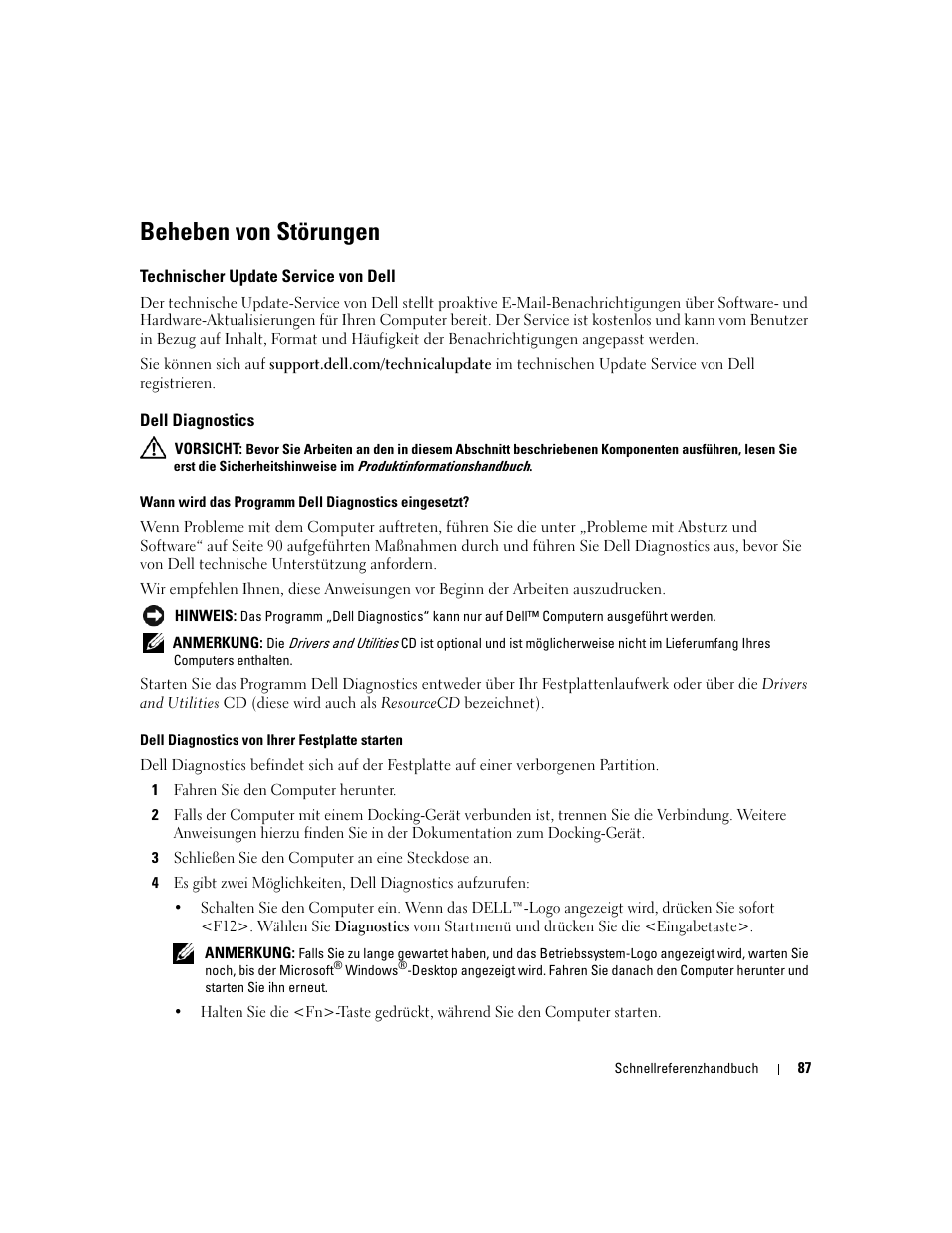 Beheben von störungen, Technischer update service von dell, Dell diagnostics | Dell Latitude D820 User Manual | Page 87 / 142