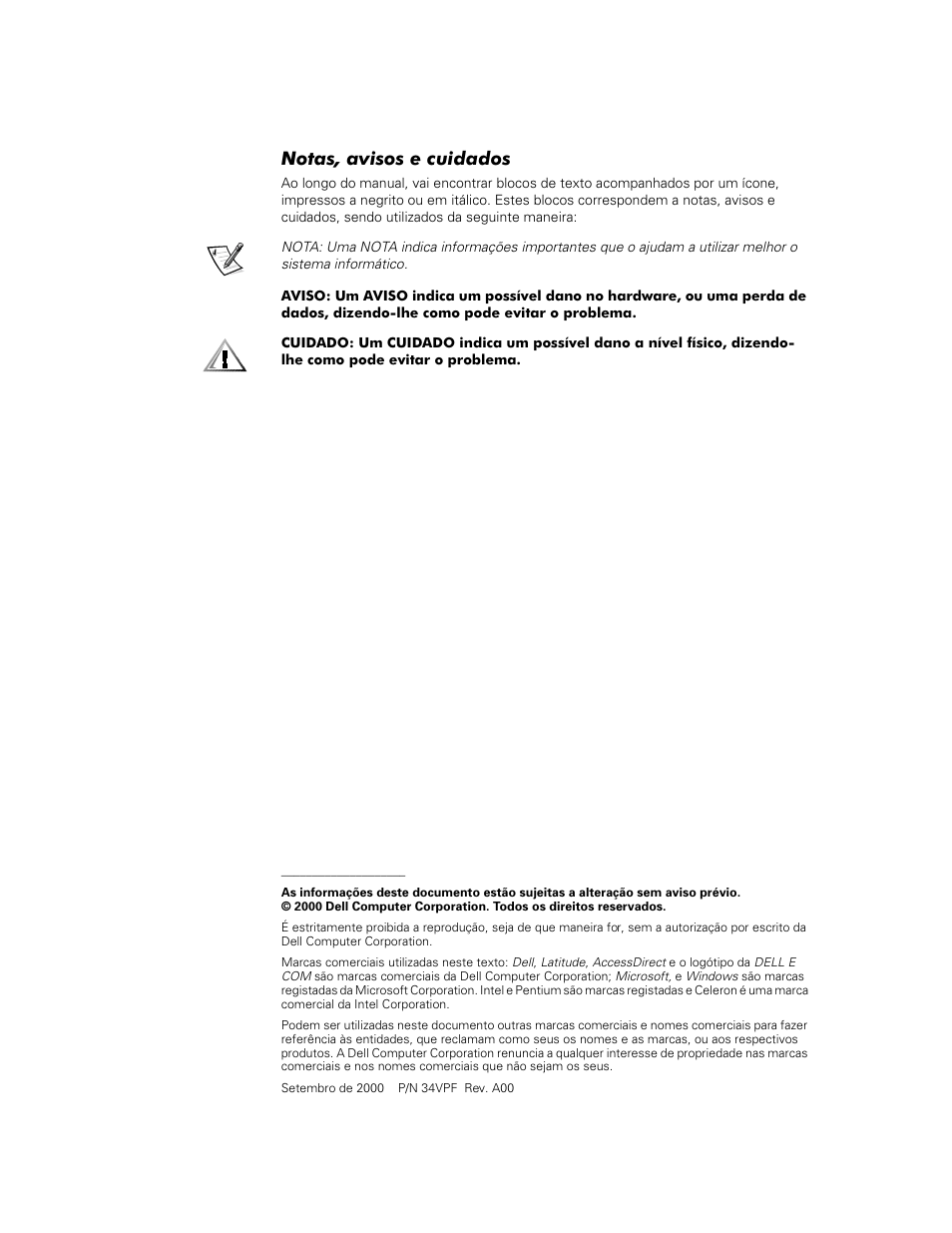 Notas, avisos e cuidados | Dell Latitude C800 User Manual | Page 103 / 137