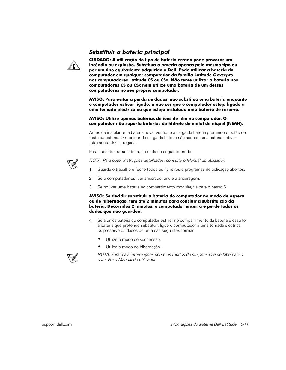 Substituir a bateria principal | Dell Latitude C800 User Manual | Page 114 / 137