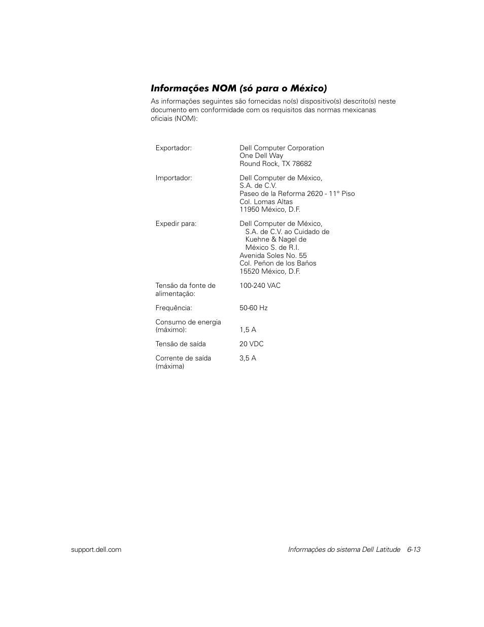Informações nom (só para o méxico) | Dell Latitude C800 User Manual | Page 116 / 137