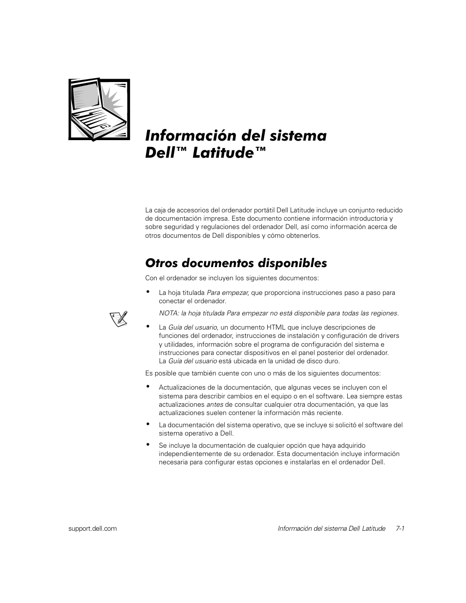 Informacióndel sistema dell™latitude, Otros documentos disponibles, Información del sistema dell™ latitude | Dell Latitude C800 User Manual | Page 122 / 137