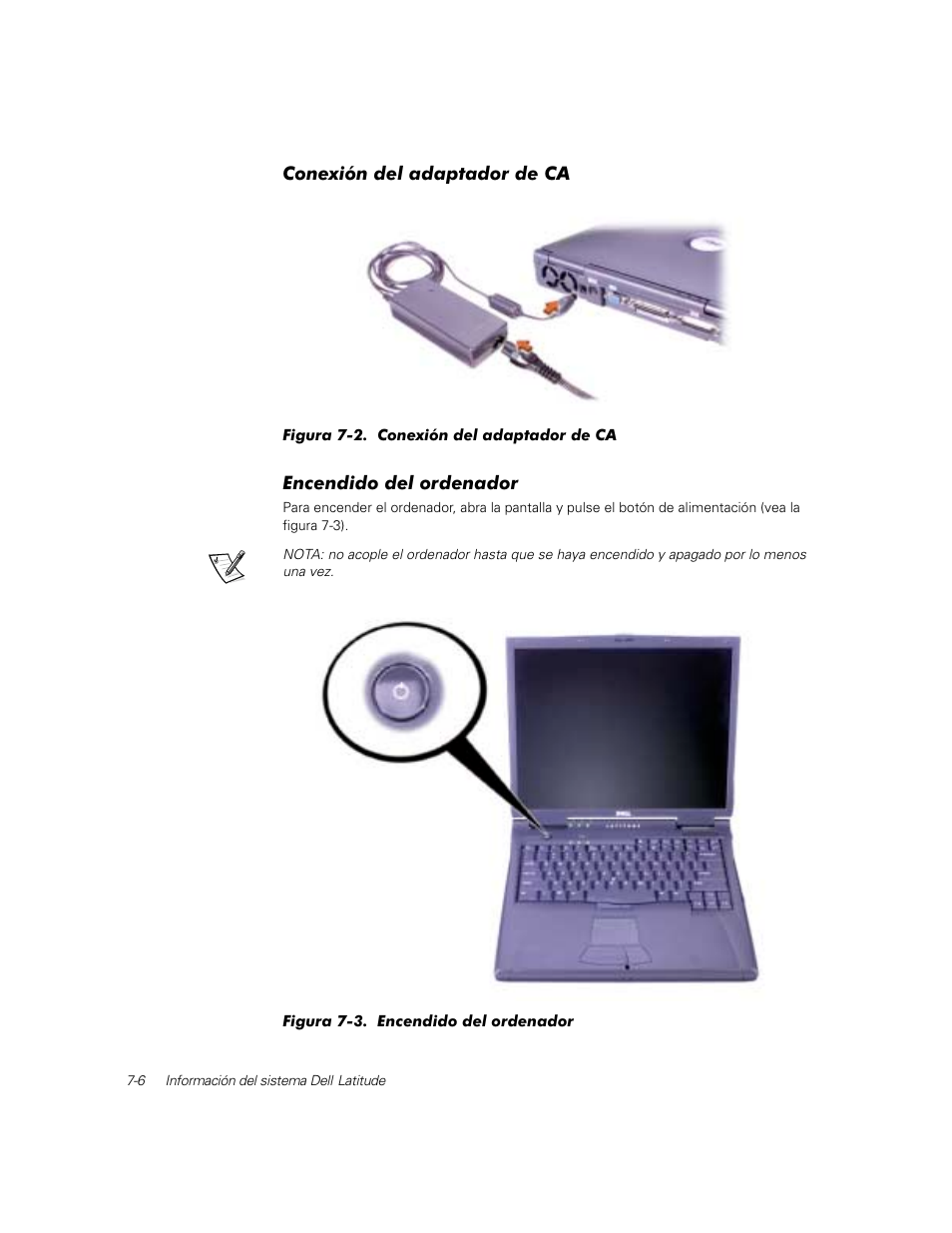 Conexión del adaptador de ca, Encendido del ordenador | Dell Latitude C800 User Manual | Page 127 / 137