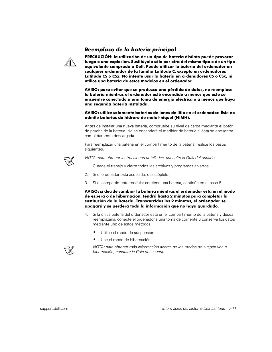 Reemplazo de la batería principal | Dell Latitude C800 User Manual | Page 132 / 137