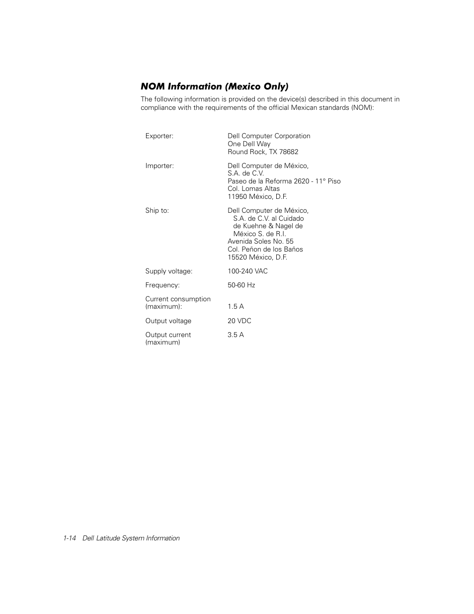 Nom information (mexico only) | Dell Latitude C800 User Manual | Page 19 / 137