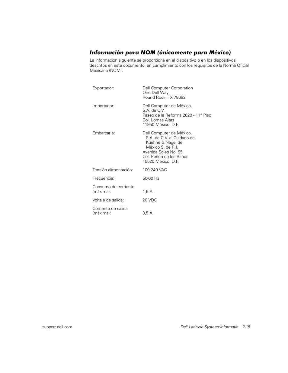 Información para nom (únicamente para méxico), Información para nom (únicamente para méxico) | Dell Latitude C800 User Manual | Page 38 / 137