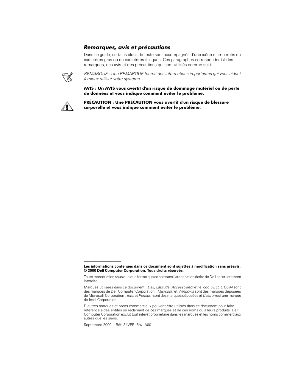Remarques, avis et précautions | Dell Latitude C800 User Manual | Page 43 / 137