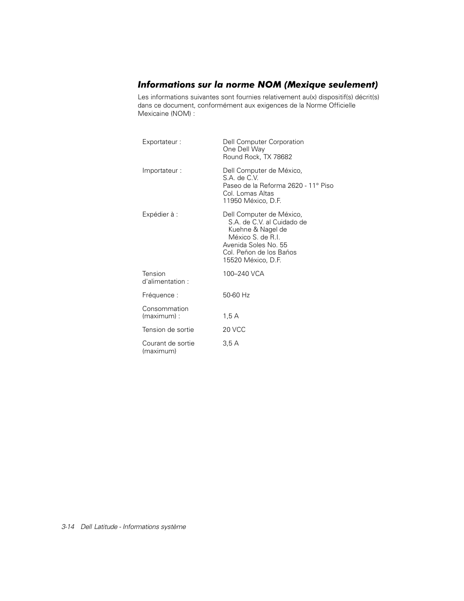 Informations sur la norme nom (mexique seulement) | Dell Latitude C800 User Manual | Page 57 / 137
