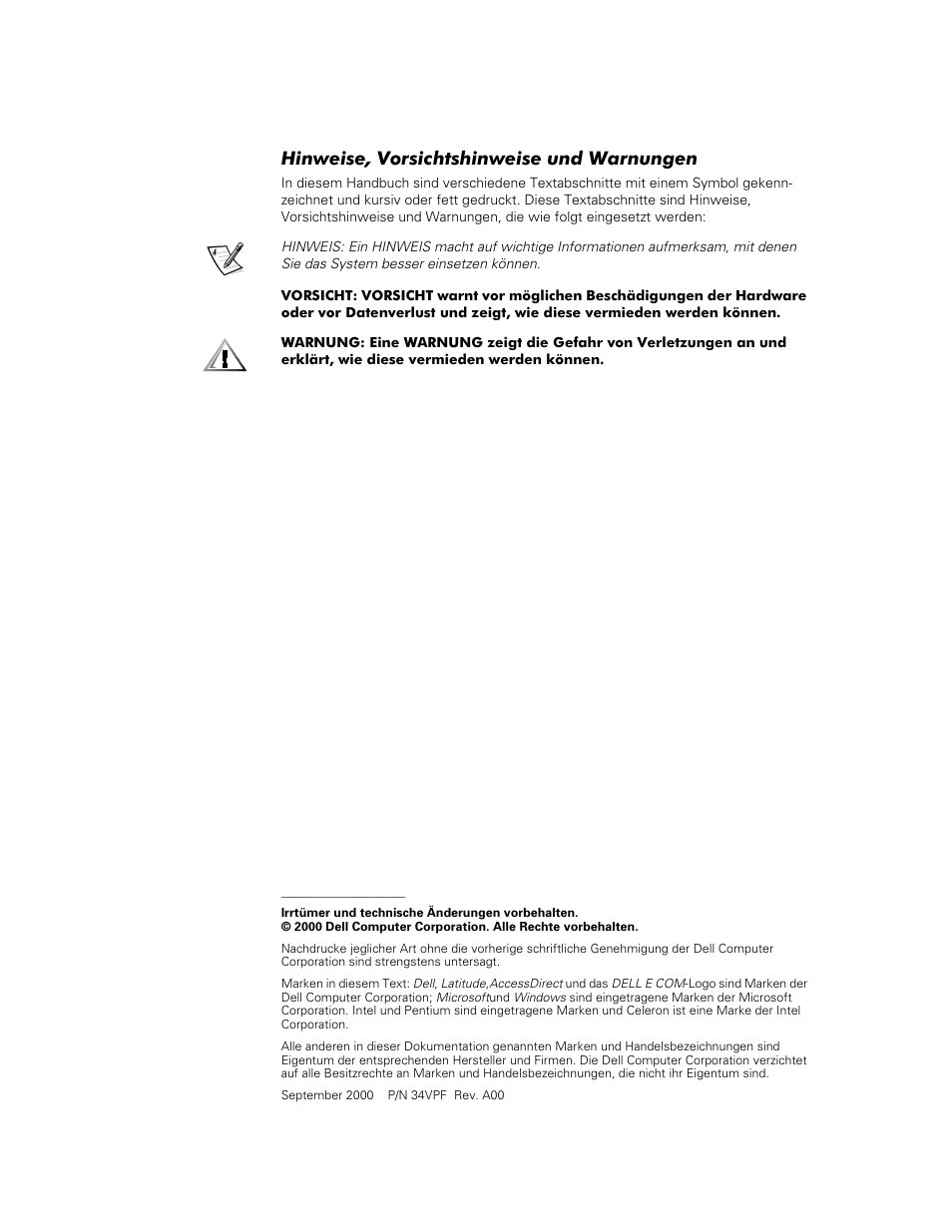Hinweise, vorsichtshinweise und warnungen | Dell Latitude C800 User Manual | Page 63 / 137