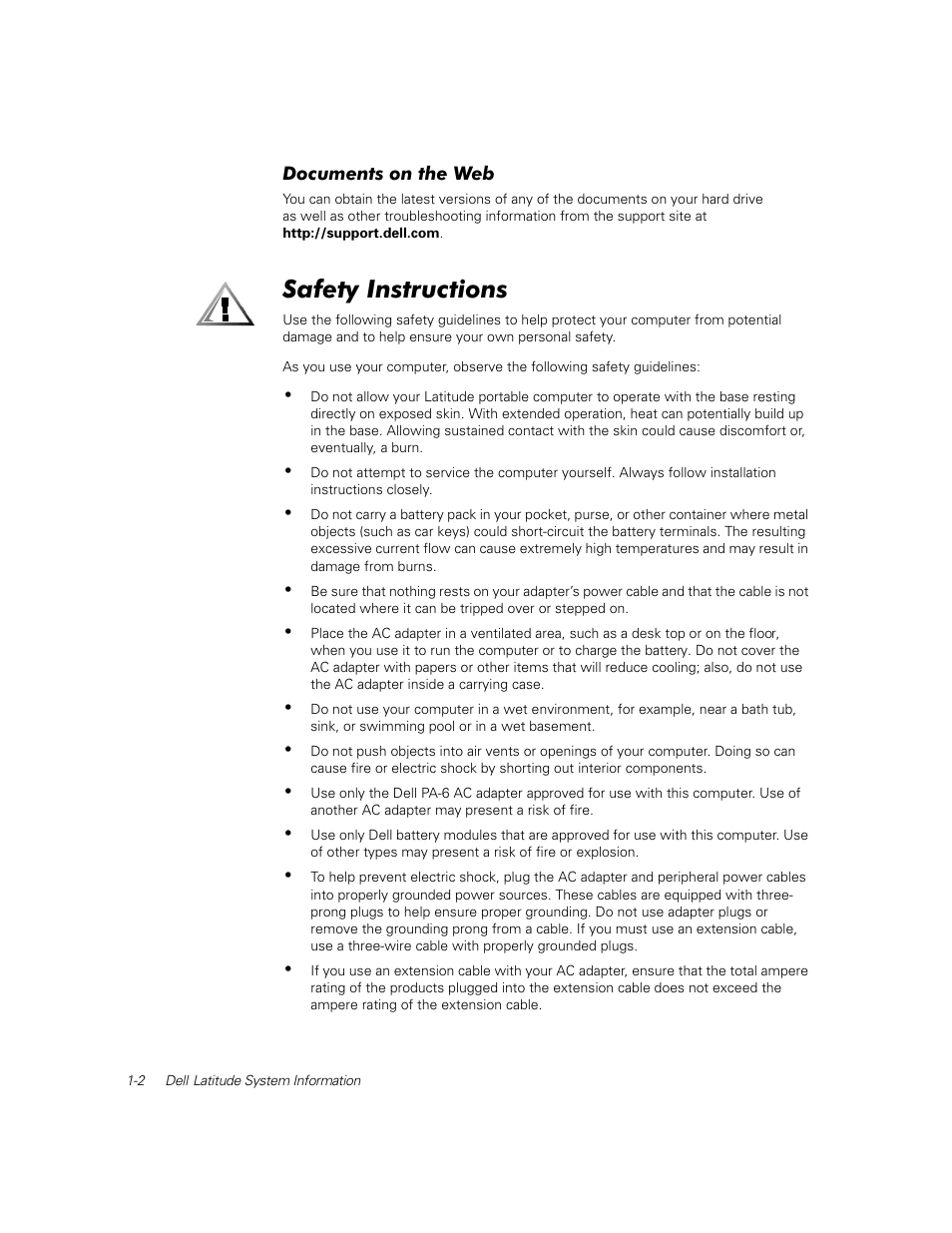 Documents on the web, Safety instructions | Dell Latitude C800 User Manual | Page 7 / 137
