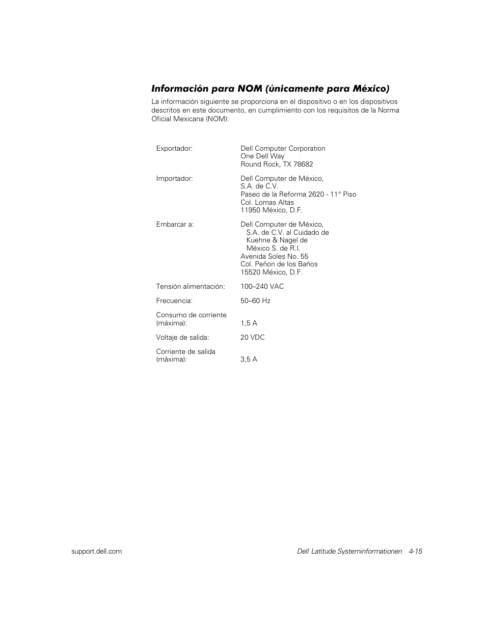 Información para nom (únicamente para méxico), Información para nom (únicamente para méxico) | Dell Latitude C800 User Manual | Page 78 / 137