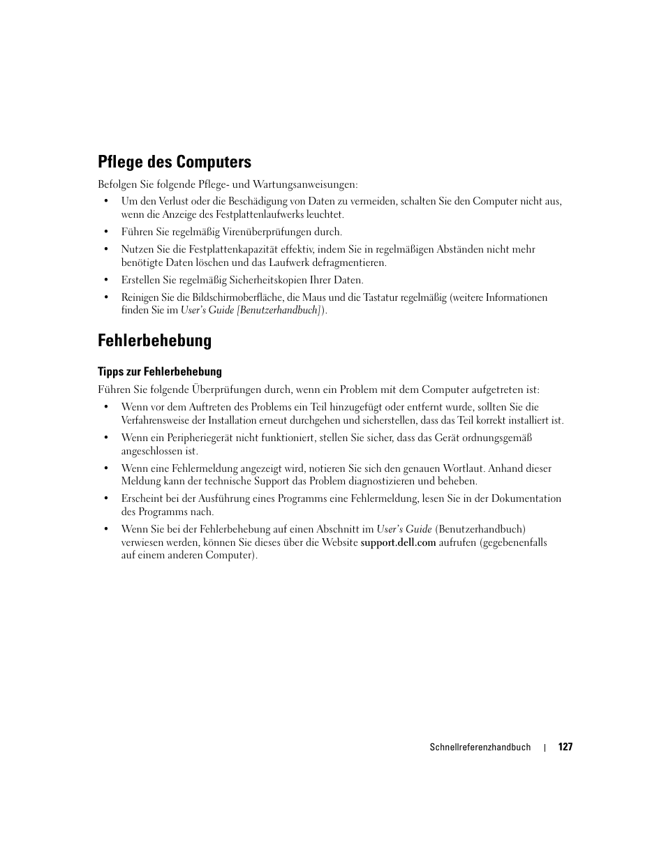 Pflege des computers, Fehlerbehebung, Tipps zur fehlerbehebung | Dell Precision 490 User Manual | Page 127 / 240