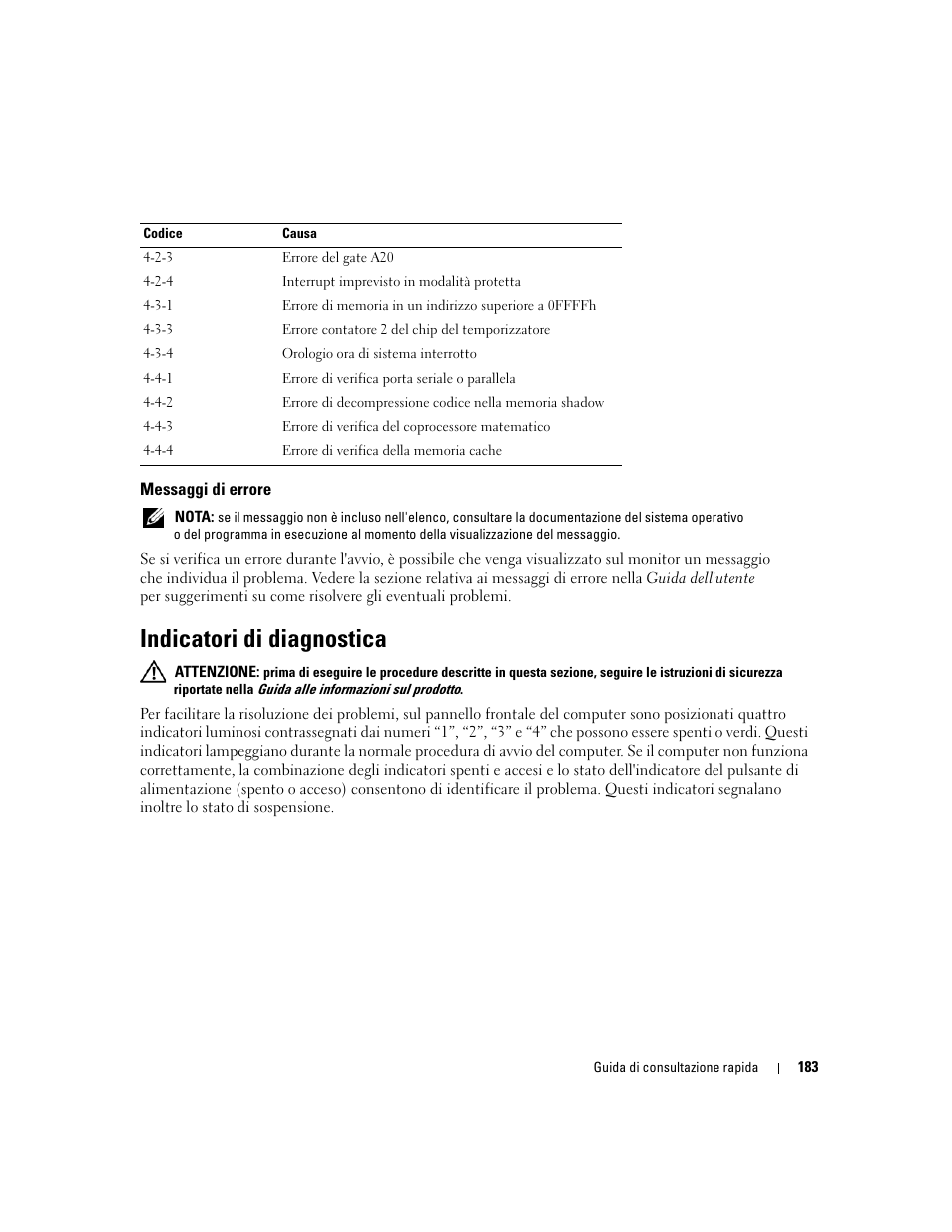 Messaggi di errore, Indicatori di diagnostica | Dell Precision 490 User Manual | Page 183 / 240