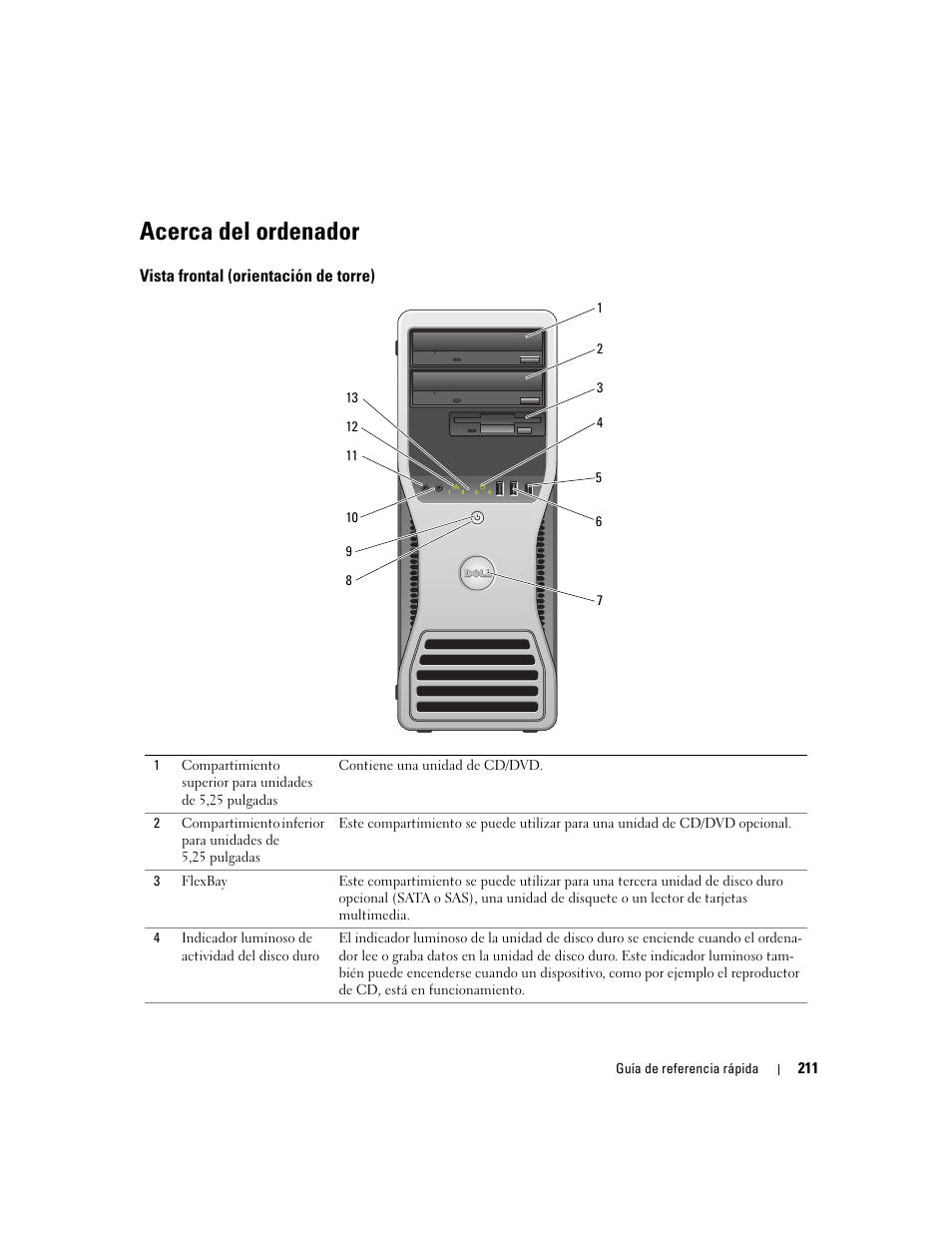 Acerca del ordenador, Vista frontal (orientación de torre) | Dell Precision 490 User Manual | Page 211 / 240