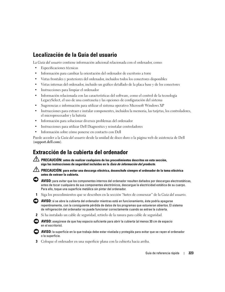 Localización de la guía del usuario, Extracción de la cubierta del ordenador | Dell Precision 490 User Manual | Page 223 / 240