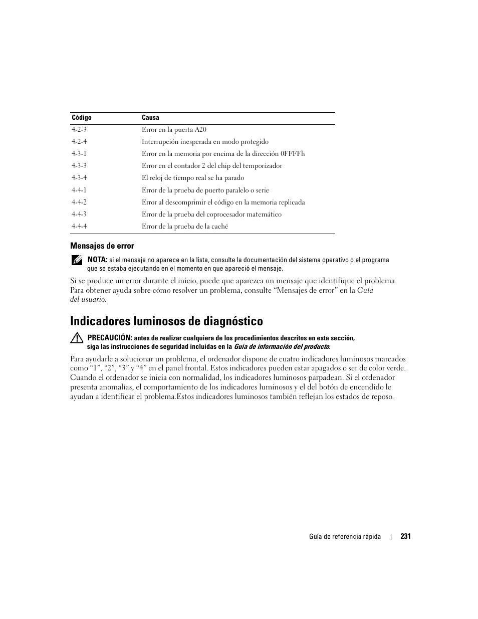 Mensajes de error, Indicadores luminosos de diagnóstico | Dell Precision 490 User Manual | Page 231 / 240