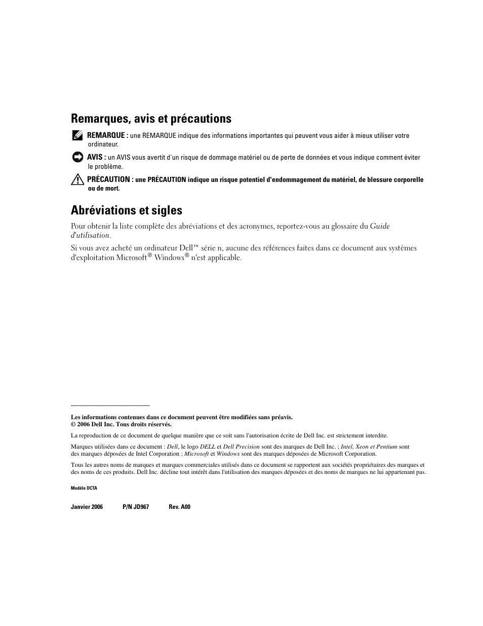 Remarques, avis et précautions, Abréviations et sigles | Dell Precision 490 User Manual | Page 48 / 240