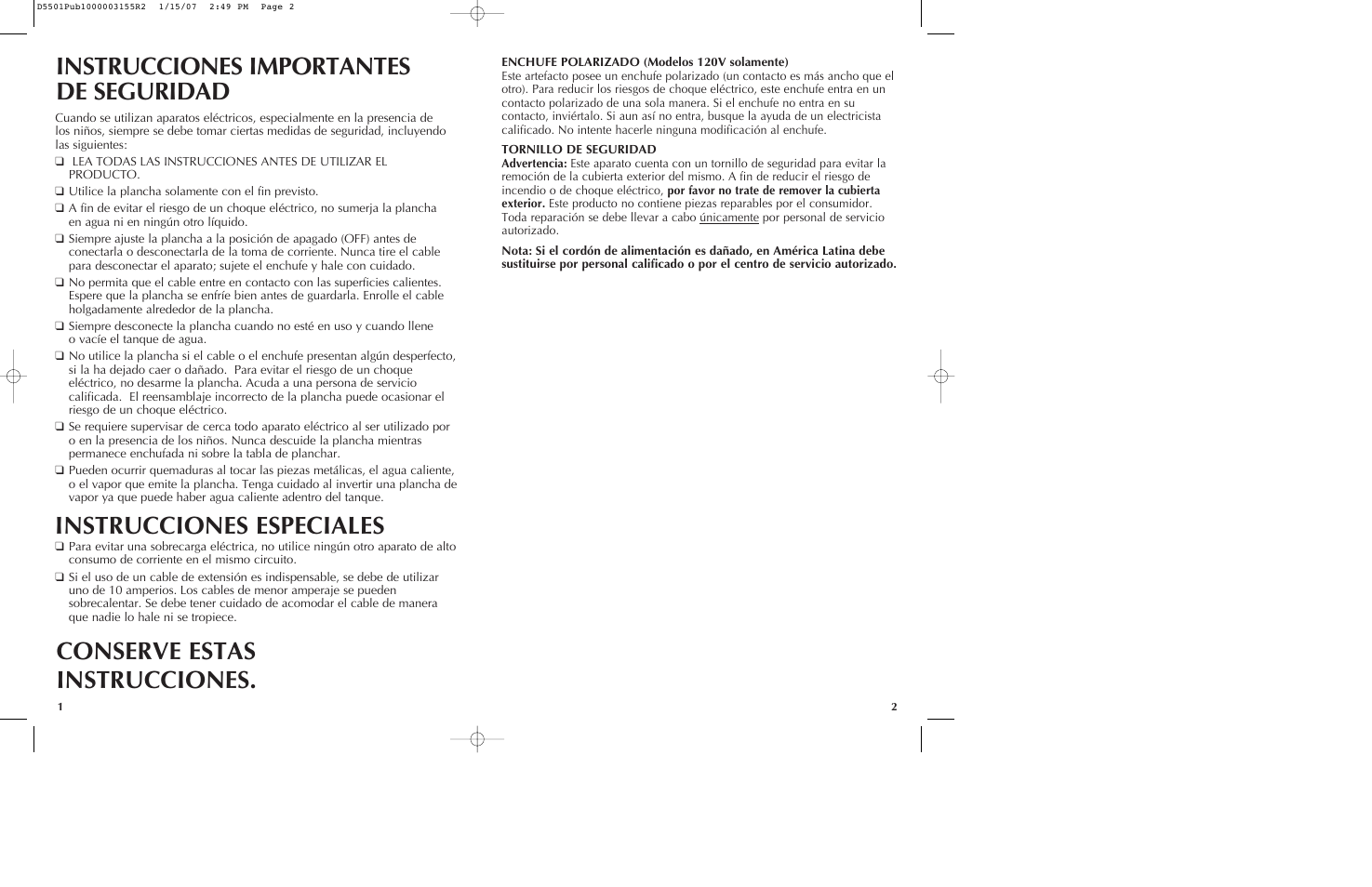 Instrucciones importantes de seguridad, Instrucciones especiales, Conserve estas instrucciones | Black & Decker D5501 User Manual | Page 2 / 11