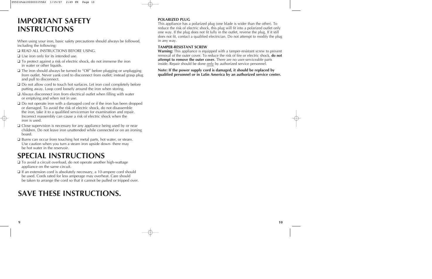 Special instructions | Black & Decker D5501 User Manual | Page 6 / 11