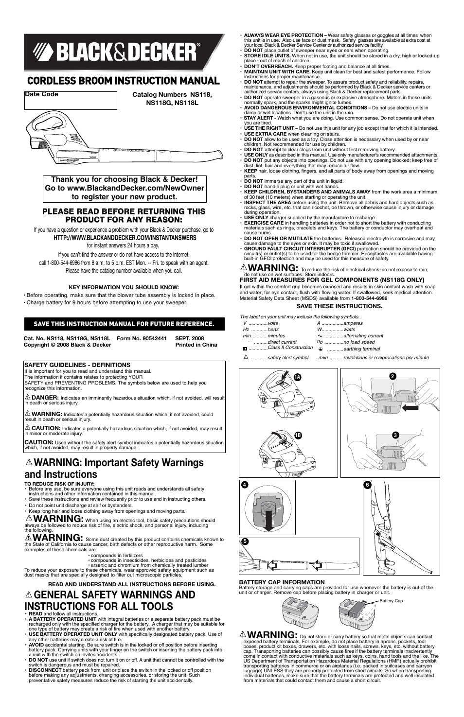 Black & Decker Cordless Broom NS118G User Manual | 6 pages