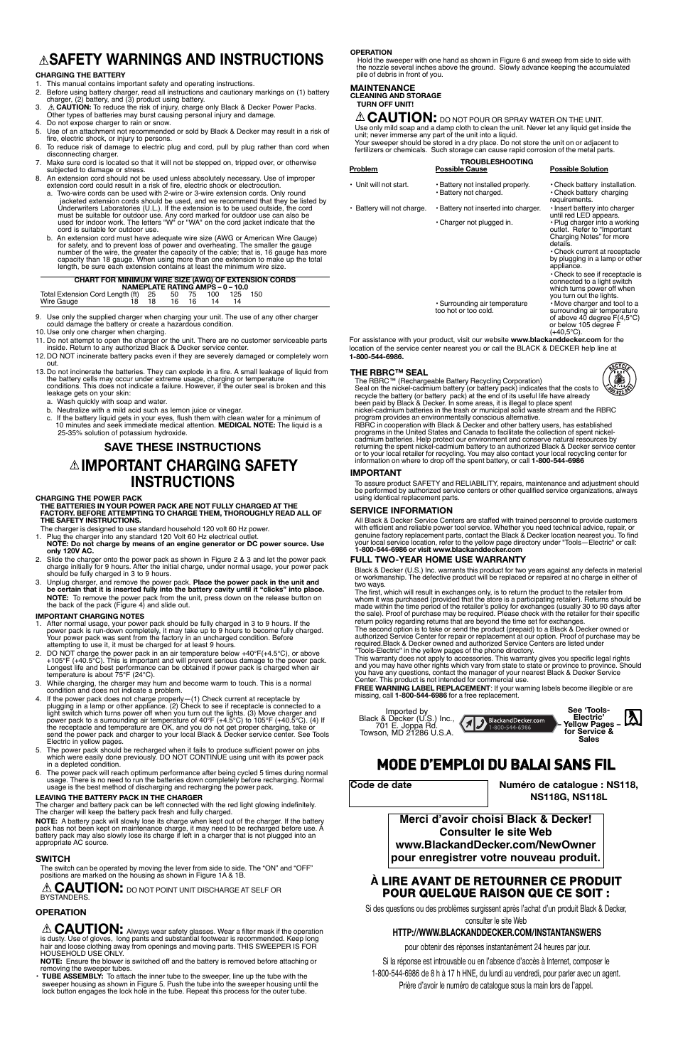 Safety warnings and instructions, Important charging safety instructions, Caution | Black & Decker Cordless Broom NS118G User Manual | Page 2 / 6