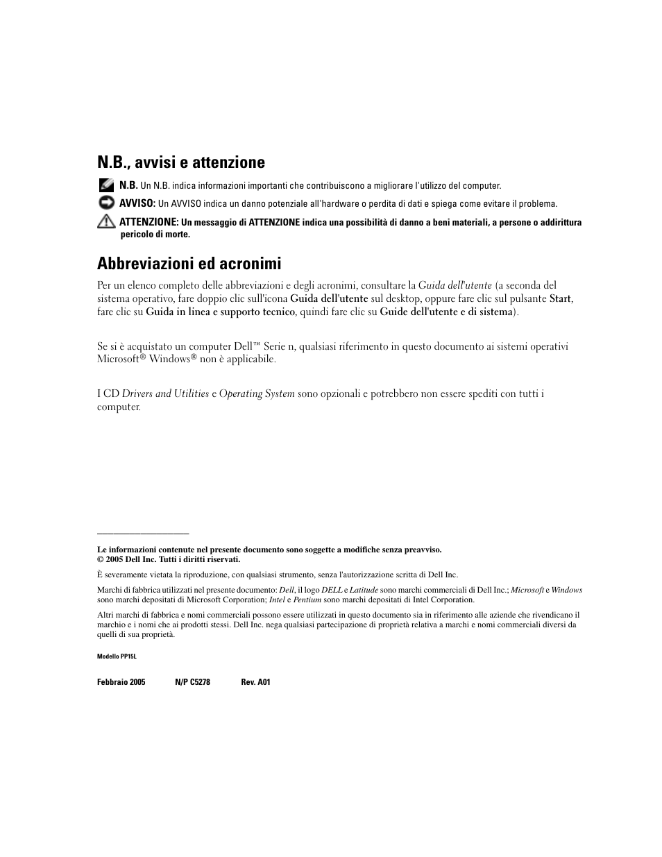 N.b., avvisi e attenzione, Abbreviazioni ed acronimi | Dell Latitude D810 User Manual | Page 106 / 156